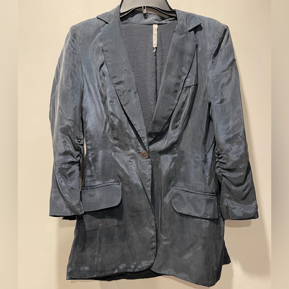 Vintage Y2K Iridescent Navy Ruched Sleeve Blazer Jacket Sz Small